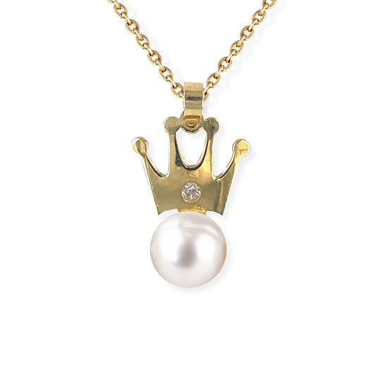 Crown Shape Gold & Pearl and Diamond Necklace - Baby Fitaihi