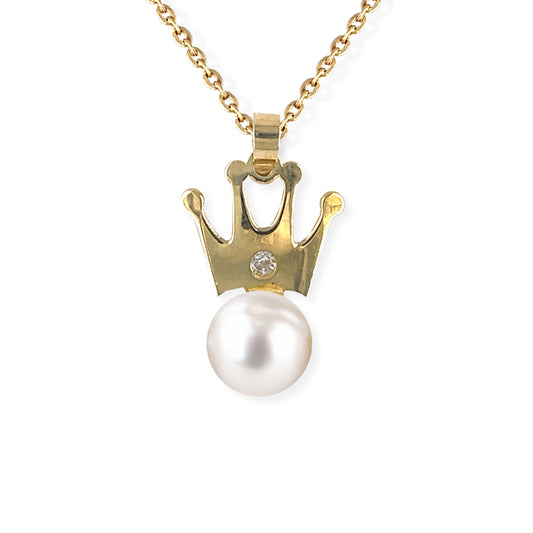 Crown Shape Gold & Pearl and Diamond Necklace - Baby Fitaihi