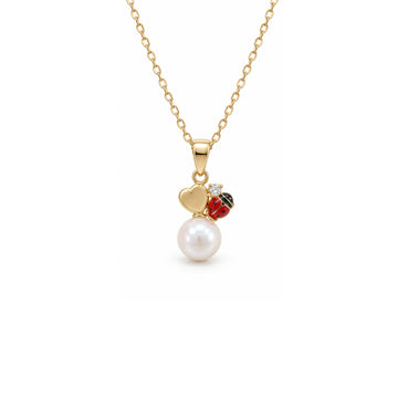 Ladybug & Heart Pearl Drop Gold Necklace