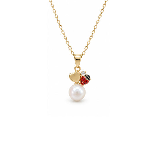 Ladybug & Heart Pearl Drop Gold Necklace