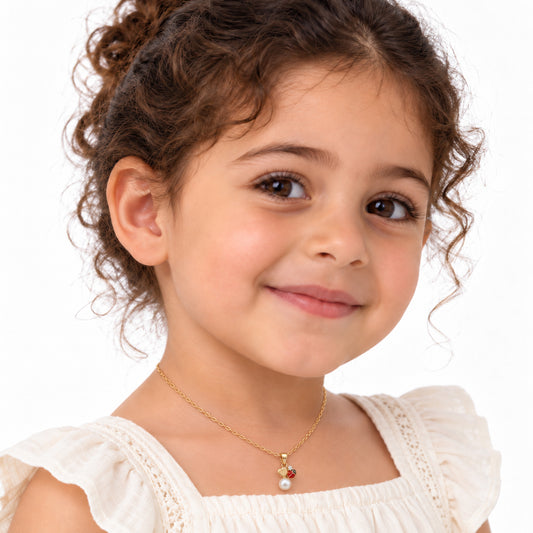 Ladybug & Heart Pearl Drop Gold Necklace