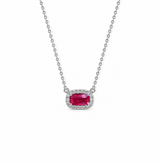 Ruby Halo Pendant Necklace in White Gold