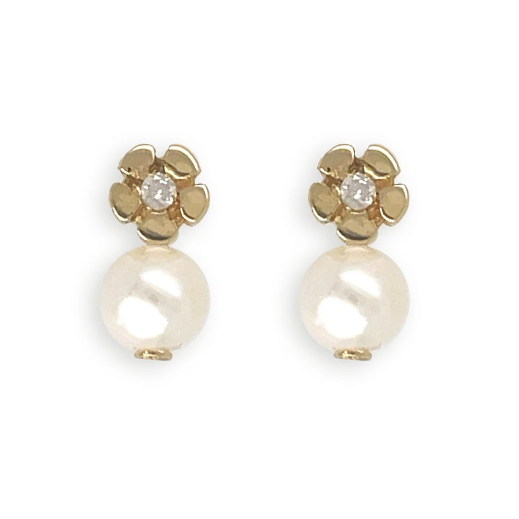 Flower shape Pearl an Diamond and Gold Earrings - Baby FitaihiFlower shape Pearl an Diamond and Gold Earrings